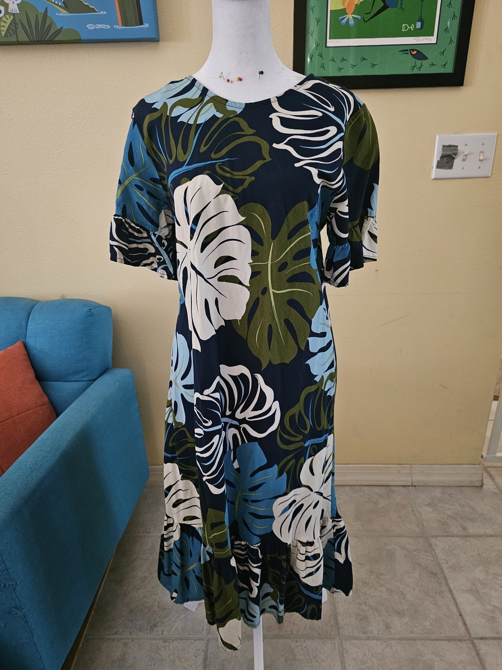 2 Peice Set -Tropical Tiki Hawaiian Leaf Midi Dress And Mens Aloha Shirt